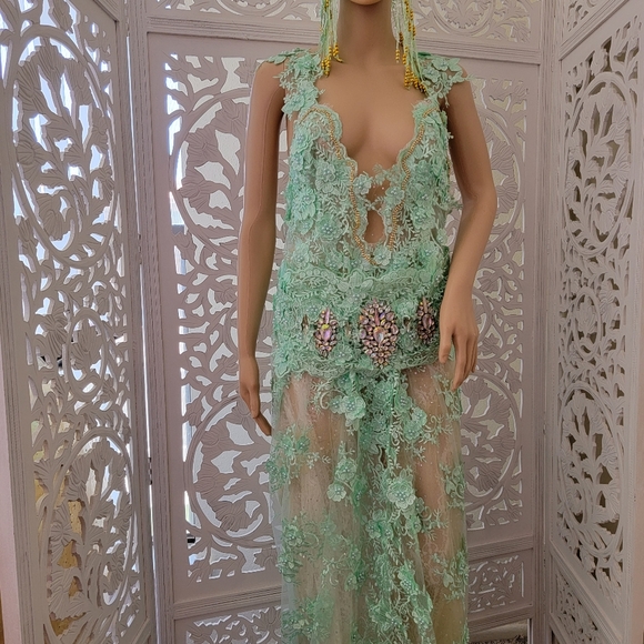 "LADY STEPHANIE" 2 Piece Mint Green & Gold Gatsby Inspired Wedding Gown Set - Picture 8 of 12